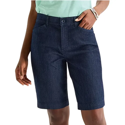 Denim shorts with a button and zip closure, featuring front pockets and reaching just above the knee.