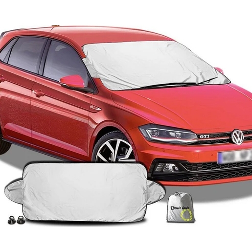 A red car with a silver windshield cover installed, accompanied by the folded cover, a storage bag, and tie-down straps.