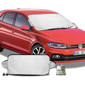 A red car with a silver windshield cover installed, accompanied by the folded cover, a storage bag, and tie-down straps.