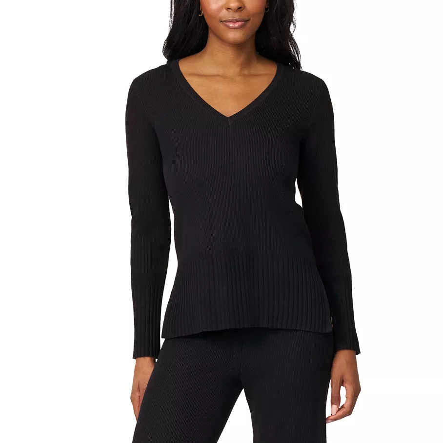 Black long-sleeve, V-neck ribbed sweater paired with matching ribbed pants.