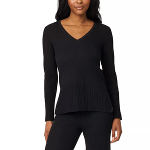 Black long-sleeve, V-neck ribbed sweater paired with matching ribbed pants.