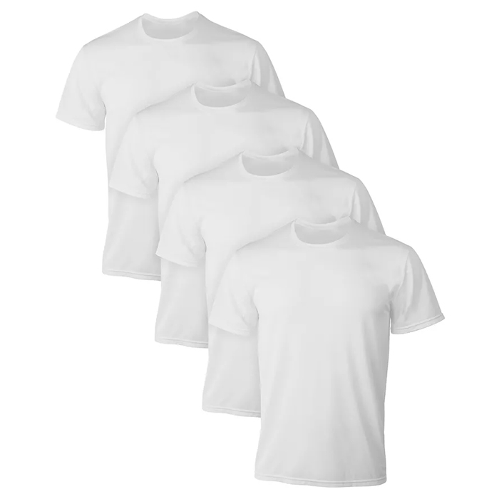 Four plain white t-shirts are arranged in a slightly staggered formation, showcasing their front side.