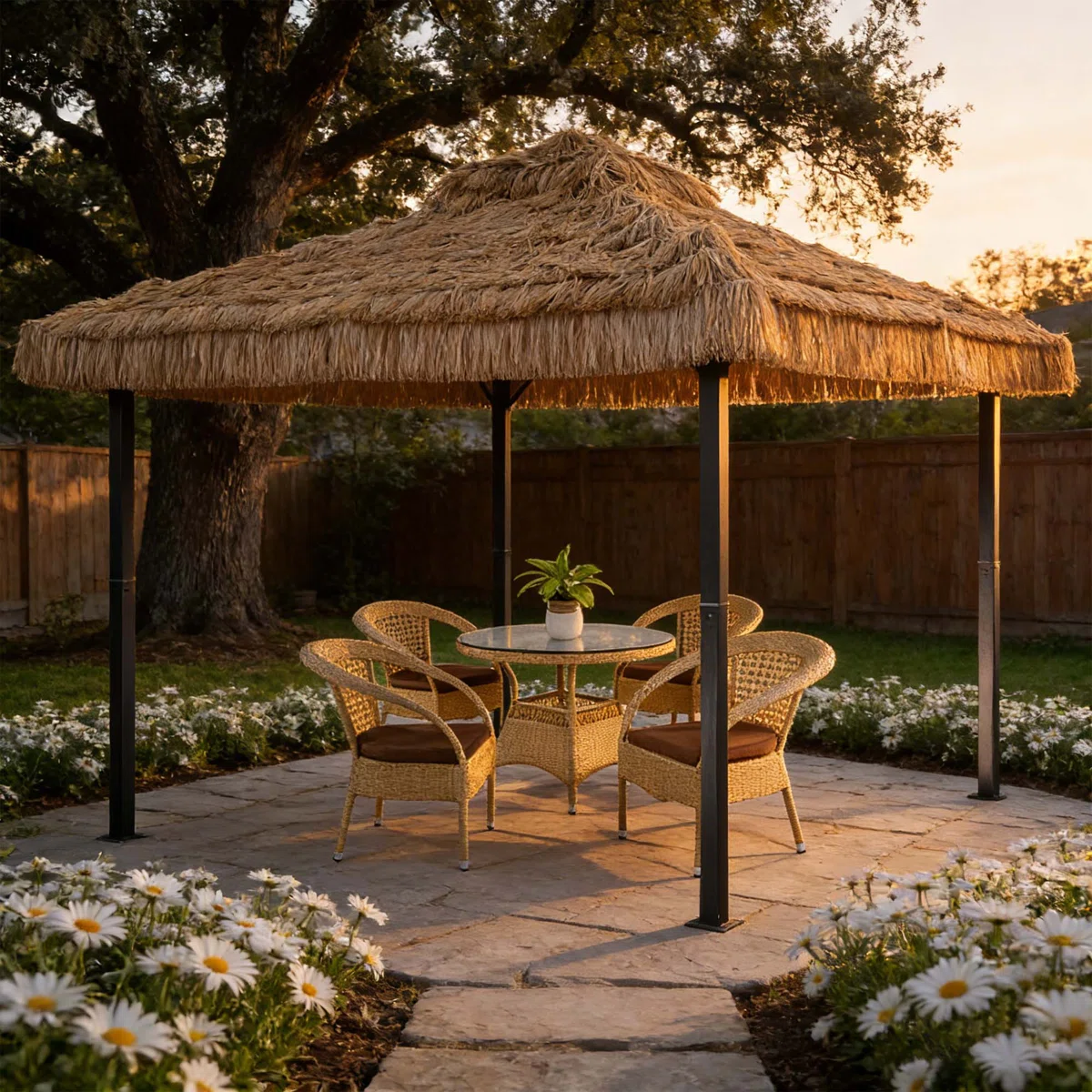A backyard setup featuring a thatched-roof gazebo with four wicker chairs and a glass-top table, surrounded by daisy flowers and a wooden fence.