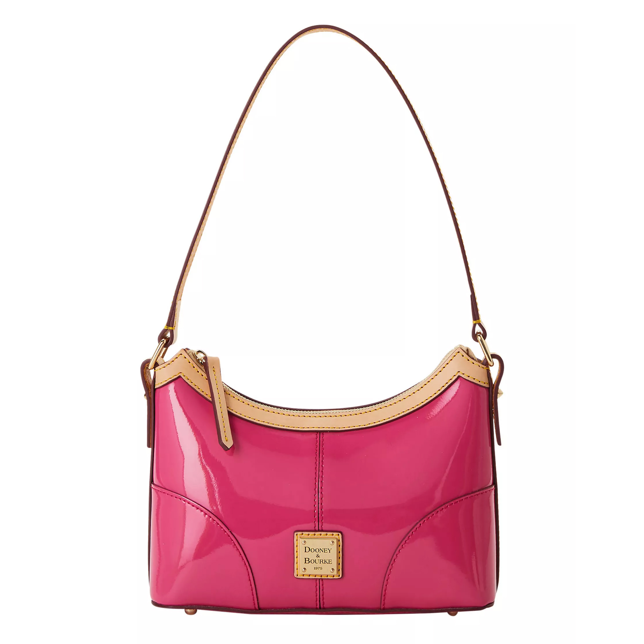 A vibrant pink patent leather shoulder bag features tan leather trim, a zip closure, and a Dooney & Bourke logo plaque on the front. The bag has a curved design and comes with a single handle.