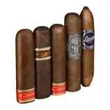 A selection of five cigars with various band designs, including labels reading \“Cain,\“ \“Nub Maduro,\“ \“Free Will,\“ and \“Lunatic Nicaragua.\“