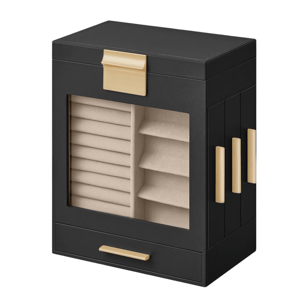Black jewelry organizer with a glass front, featuring beige interior compartments for jewelry storage and gold-tone handles.