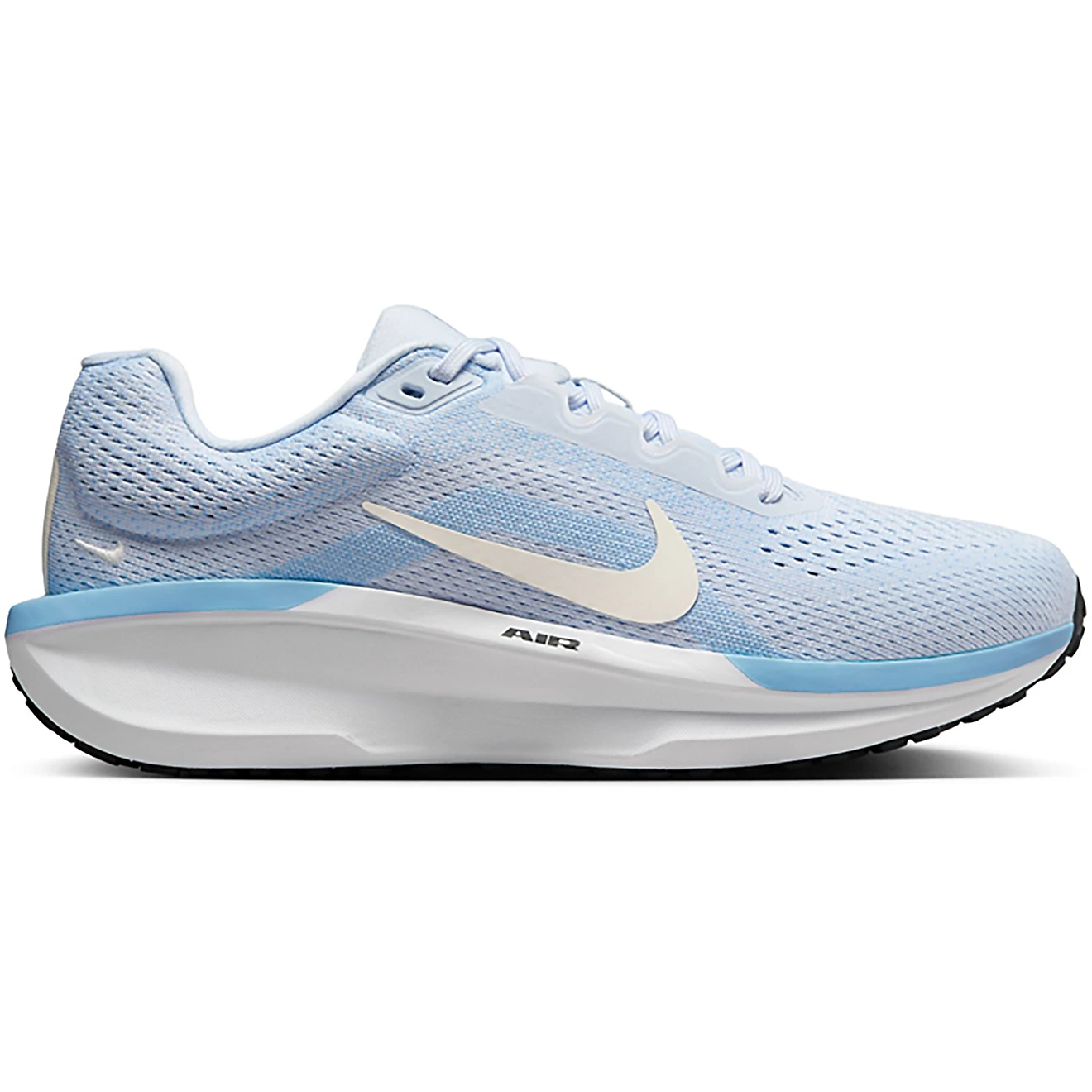 A light blue Nike running shoe with a white swoosh logo, featuring a breathable mesh upper and cushioning sole labeled \“AIR.\“