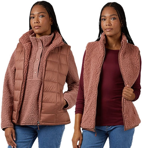 Two brown sleeveless vests are displayed, one with a quilted exterior and the other with a fleece exterior. Both are paired with casual tops and jeans.