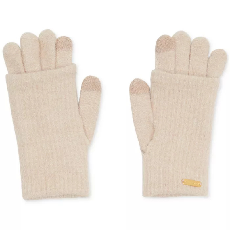 Steve Madden touchscreen gloves in beige with a ribbed texture, featuring touchscreen-compatible fingertips and a small logo tag on one glove.