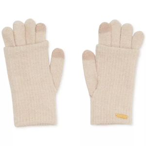 Steve Madden touchscreen gloves in beige with a ribbed texture, featuring touchscreen-compatible fingertips and a small logo tag on one glove.