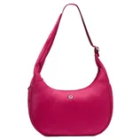 A pink shoulder bag with a structured, crescent shape, featuring a small circular logo on the front.