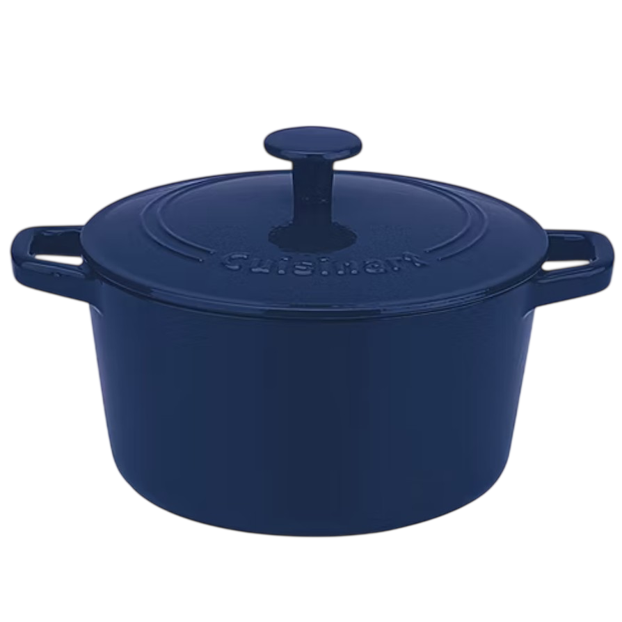 A blue cast iron Dutch oven with a lid, featuring sturdy handles and a smooth, sleek finish.
