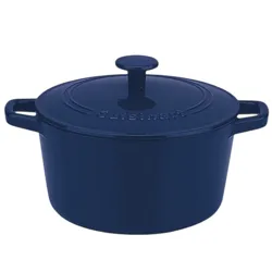 A blue cast iron Dutch oven with a lid, featuring sturdy handles and a smooth, sleek finish.