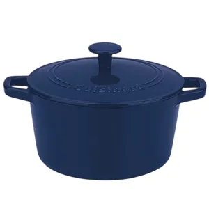 A blue cast iron Dutch oven with a lid, featuring sturdy handles and a smooth, sleek finish.