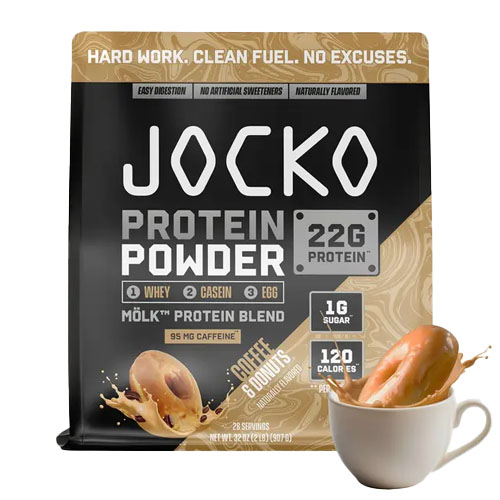 Jocko Protein Powder, featuring 22g of protein from a blend of whey, casein, and egg, in a coffee and donuts flavor. Contains 95 mg of caffeine, 1g of sugar, and 120 calories per serving.