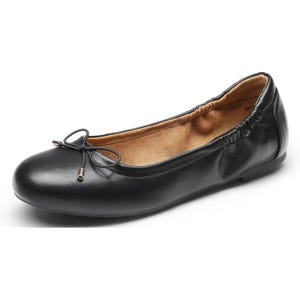 A single black ballet flat with a bow detail on the toe.