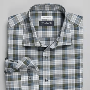 Plaid dress shirt in shades of white, grey, and green with a pointed collar and buttoned cuffs.
