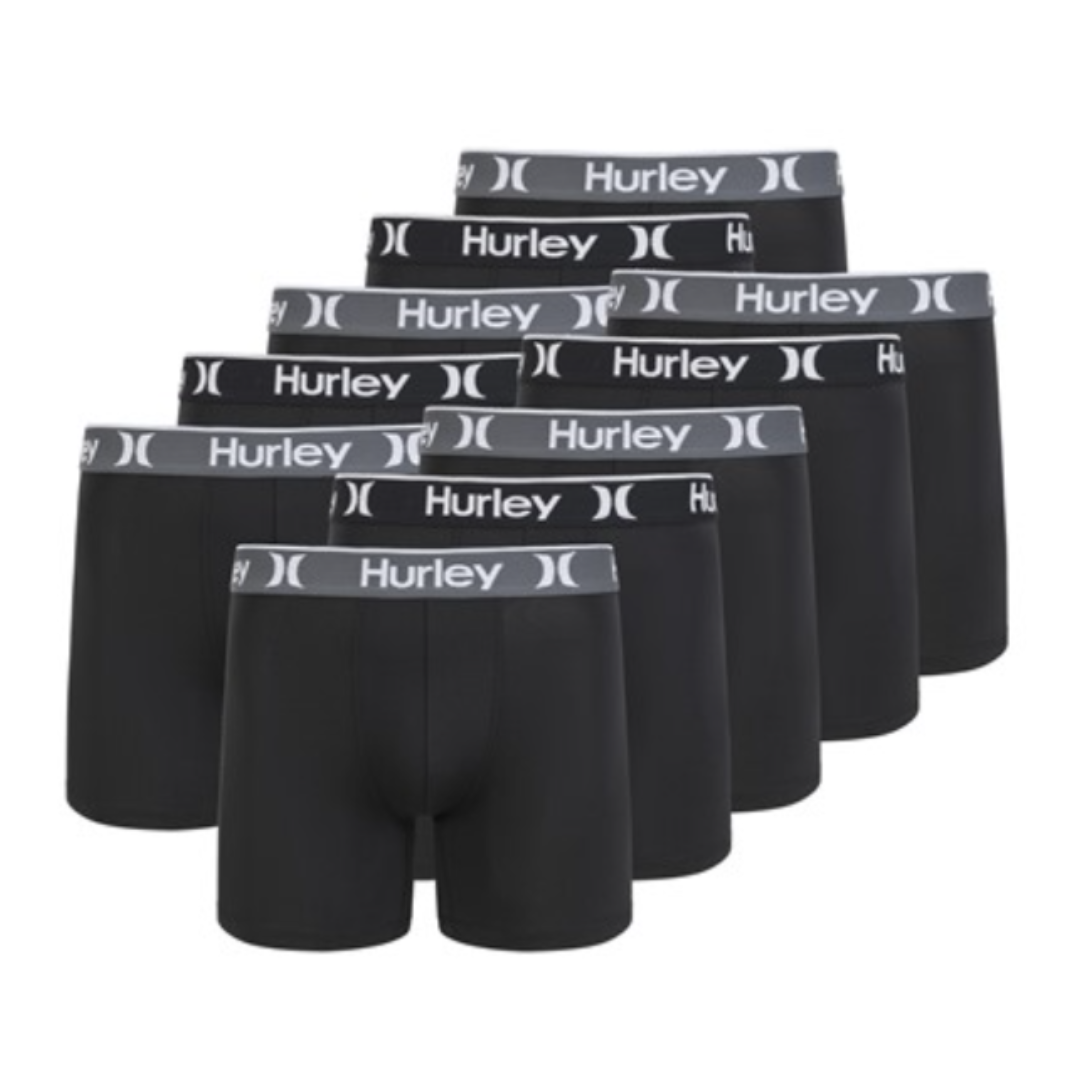 A set of eight black Hurley boxer briefs with gray elastic waistbands featuring the brand's logo.