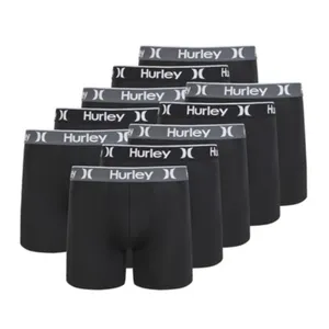 A set of eight black Hurley boxer briefs with gray elastic waistbands featuring the brand's logo.
