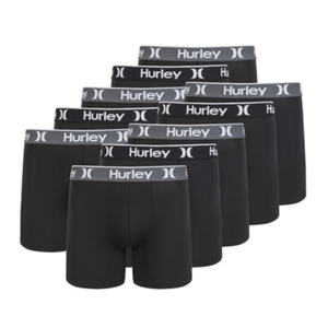 A set of eight black Hurley boxer briefs with gray elastic waistbands featuring the brand's logo.
