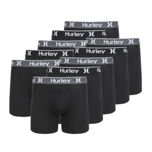A set of eight black Hurley boxer briefs with gray elastic waistbands featuring the brand's logo.