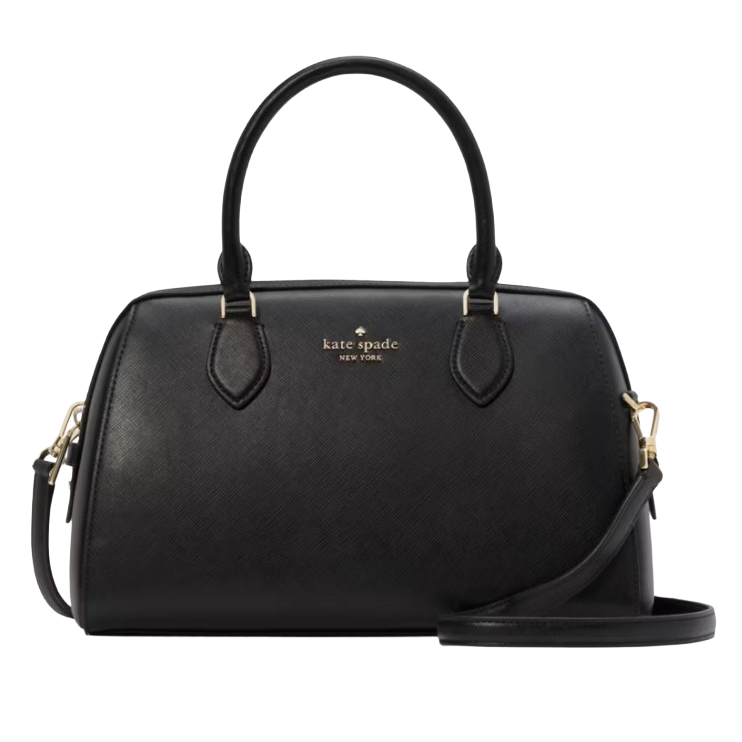 Black Kate Spade New York handbag with gold-tone hardware, featuring dual top handles and a detachable shoulder strap.