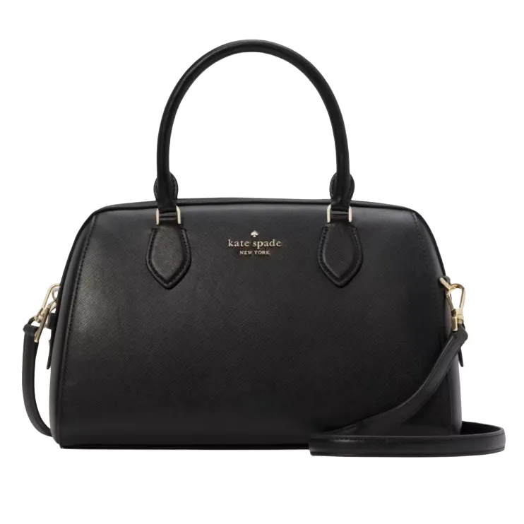Black Kate Spade New York handbag with gold-tone hardware, featuring dual top handles and a detachable shoulder strap.