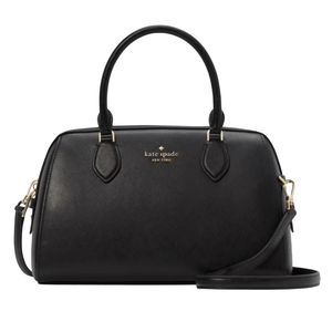 Black Kate Spade New York handbag with gold-tone hardware, featuring dual top handles and a detachable shoulder strap.