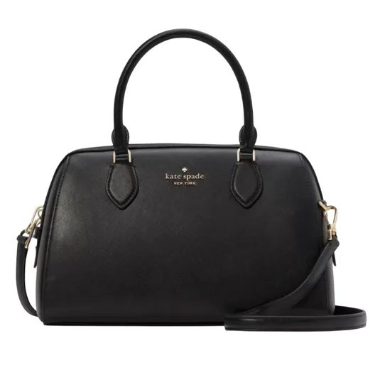 Black Kate Spade New York handbag with gold-tone hardware, featuring dual top handles and a detachable shoulder strap.