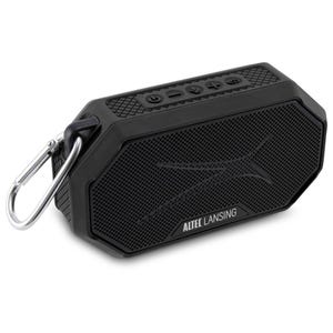 Black Altec Lansing portable Bluetooth speaker with a rugged design, featuring control buttons on top and a carabiner clip for easy attachment.