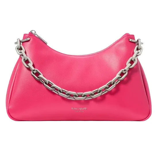 Pink leather handbag with a chain strap and \“kate spade new york\“ logo on the front.