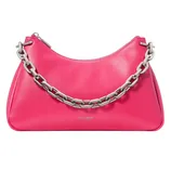 Pink leather handbag with a chain strap and \“kate spade new york\“ logo on the front.