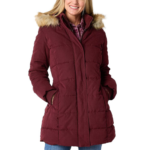 St. John's Bay Heavyweight Puffer is a burgundy winter coat with a quilted design, fur-trimmed hood, and zippered front closure, featuring a plaid inner lining and two pockets.