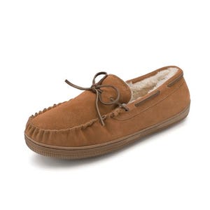 Brown moccasin-style men's plush slippers with a lace-up detail and a fuzzy inner lining for warmth and comfort.