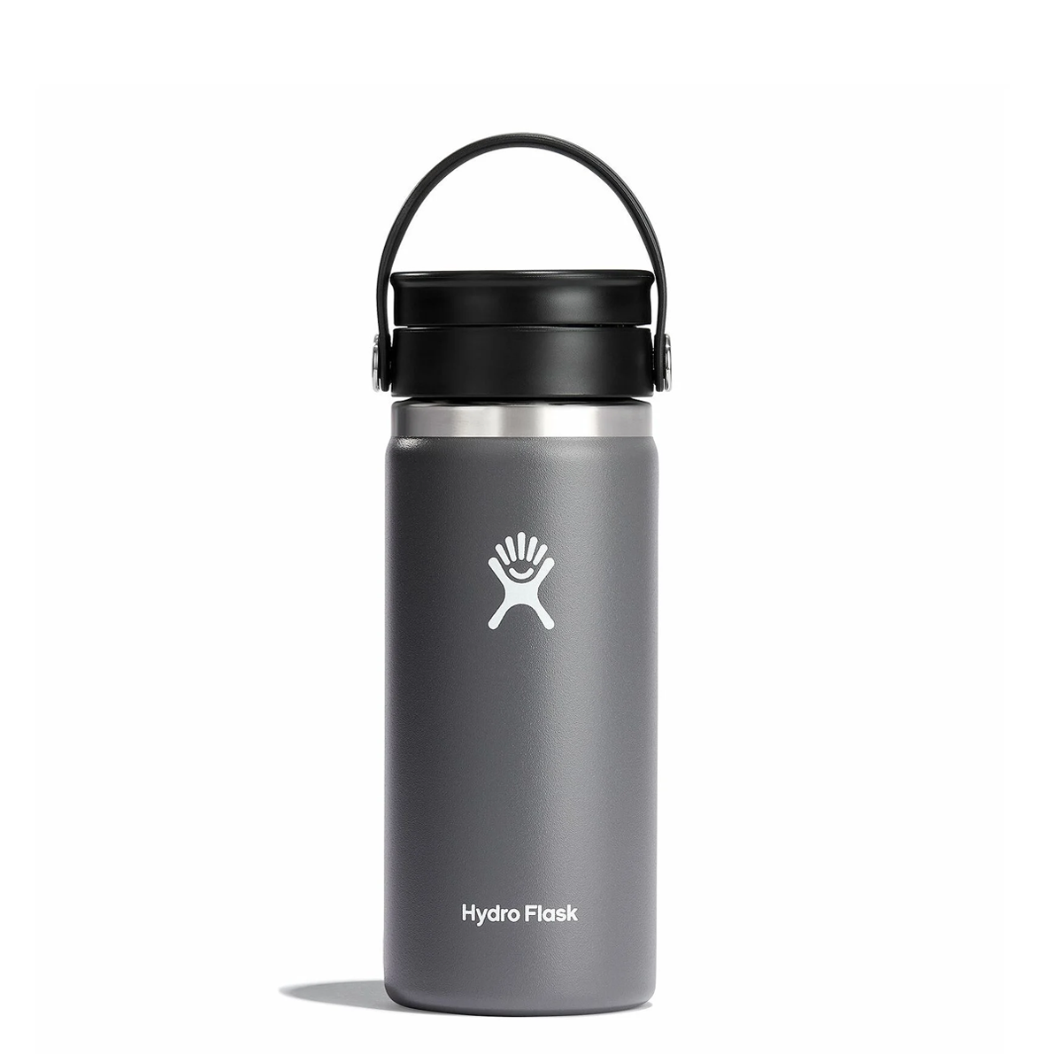 A single 16oz gray Hydro Flask water bottle with a black lid and a carrying handle, featuring a white logo at the center.