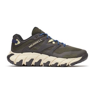Merrell Maipo Explorer Shoes are outdoor footwear with a rugged, durable design, featuring an olive-green mesh upper, blue laces, black accents, and a cream-colored FlexConnect midsole for enhanced agility and grip.