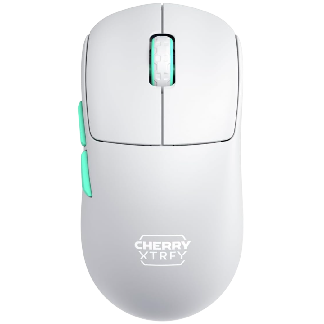 A white Cherry Xtrfy mouse with teal accents on the sides and scroll wheel.