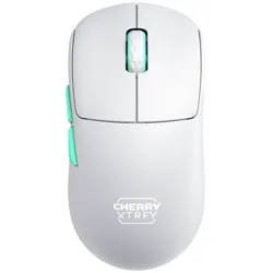 A white Cherry Xtrfy mouse with teal accents on the sides and scroll wheel.