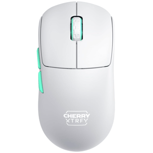 A white Cherry Xtrfy mouse with teal accents on the sides and scroll wheel.