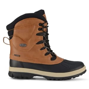 These are Lugz Anorak boots with high-top design, featuring a tan leather upper, black rubber toe cap, lace-up front, and a thick black rubber sole.