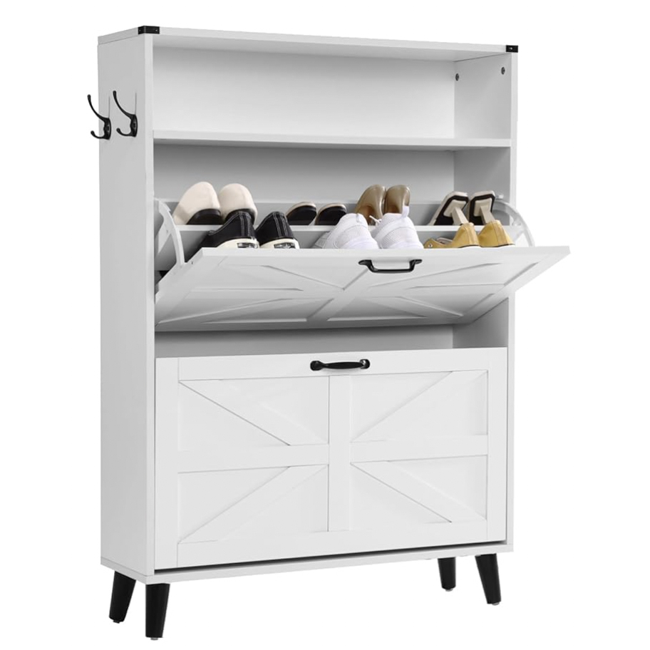 White multi-section storage cabinet with two drop-down shoe compartments, top shelf, side hooks, and black legs. Suitable for organizing footwear and accessories.