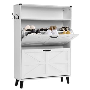 White multi-section storage cabinet with two drop-down shoe compartments, top shelf, side hooks, and black legs. Suitable for organizing footwear and accessories.