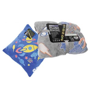 Space-themed plush pillow and glow-in-the-dark blanket featuring rocket and planet designs. Blanket dimensions: 62\“x 90\“.