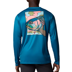 A long-sleeve, teal shirt featuring a colorful, abstract fish design on the back.