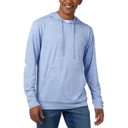 A man is wearing a light blue hoodie with a drawstring and kangaroo pocket, paired with blue jeans.