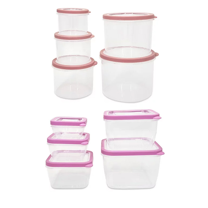 A set of round and rectangular clear plastic containers with pink and rose-colored lids.