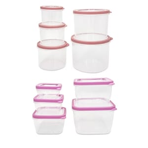 A set of round and rectangular clear plastic containers with pink and rose-colored lids.
