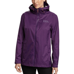 Purple Eddie Bauer women's rain jacket with a hood and front zipper.