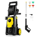 A Vevor pressure washer with hose reel, spray gun, four nozzle attachments, and a soap applicator.