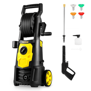 A Vevor pressure washer with hose reel, spray gun, four nozzle attachments, and a soap applicator.